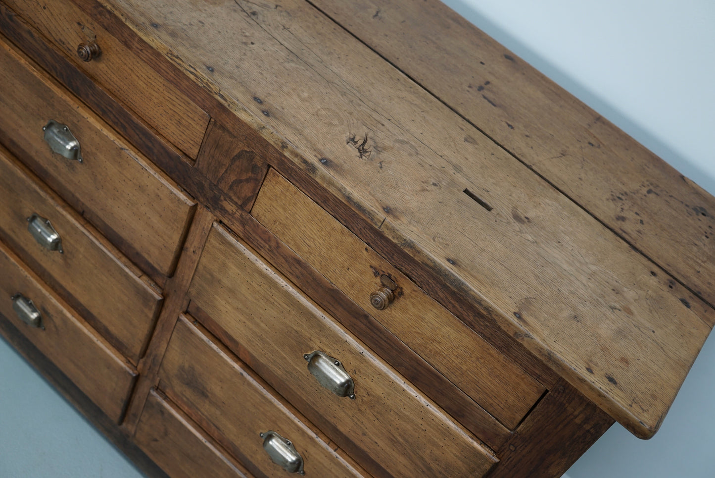Antique French Oak and Beech Rustic Bank of Apothecary Drawers, Circa 1910