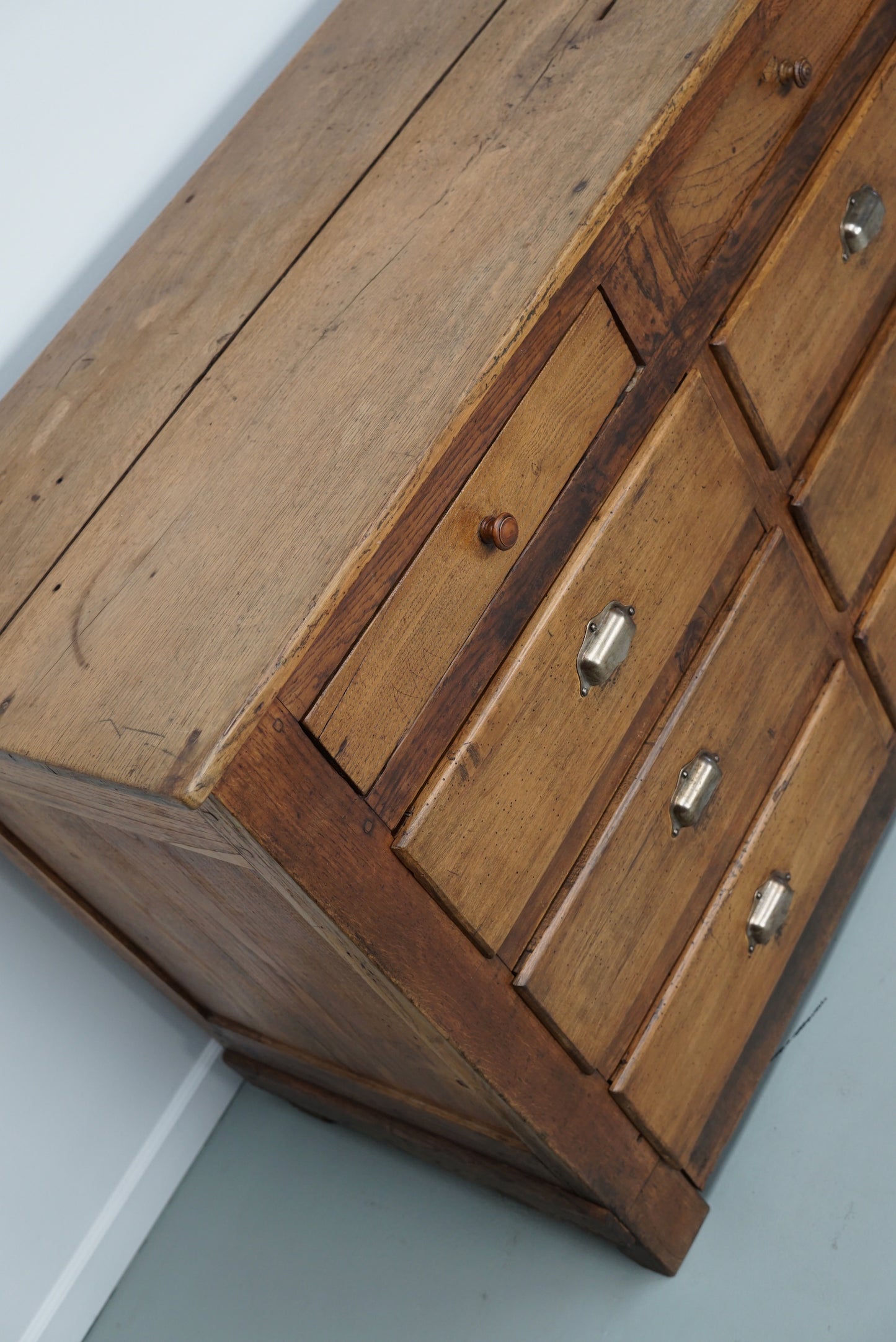 Antique French Oak and Beech Rustic Bank of Apothecary Drawers, Circa 1910