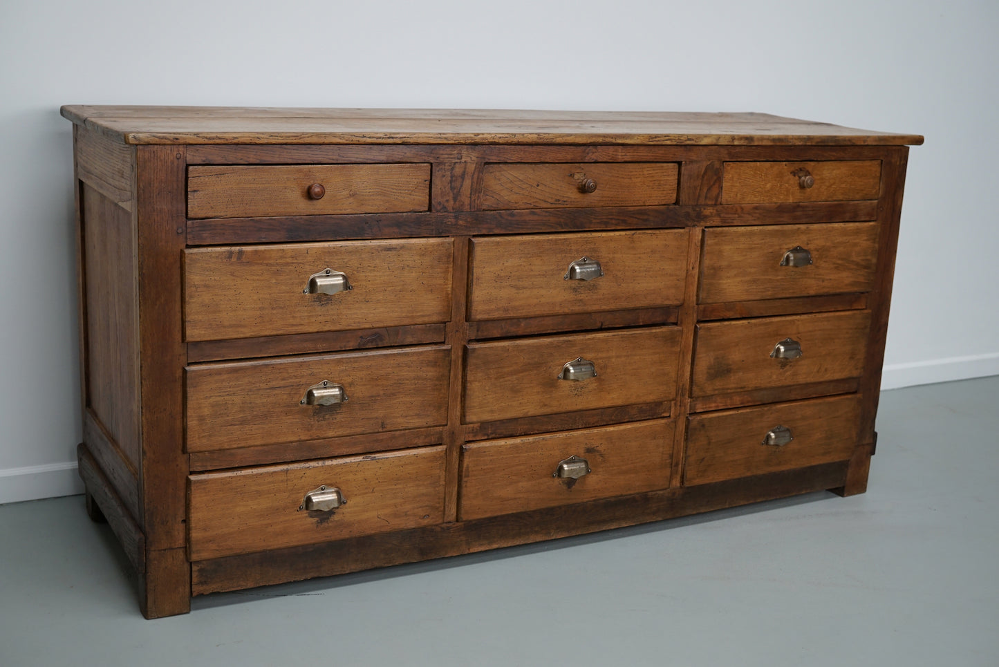 Antique French Oak and Beech Rustic Bank of Apothecary Drawers, Circa 1910