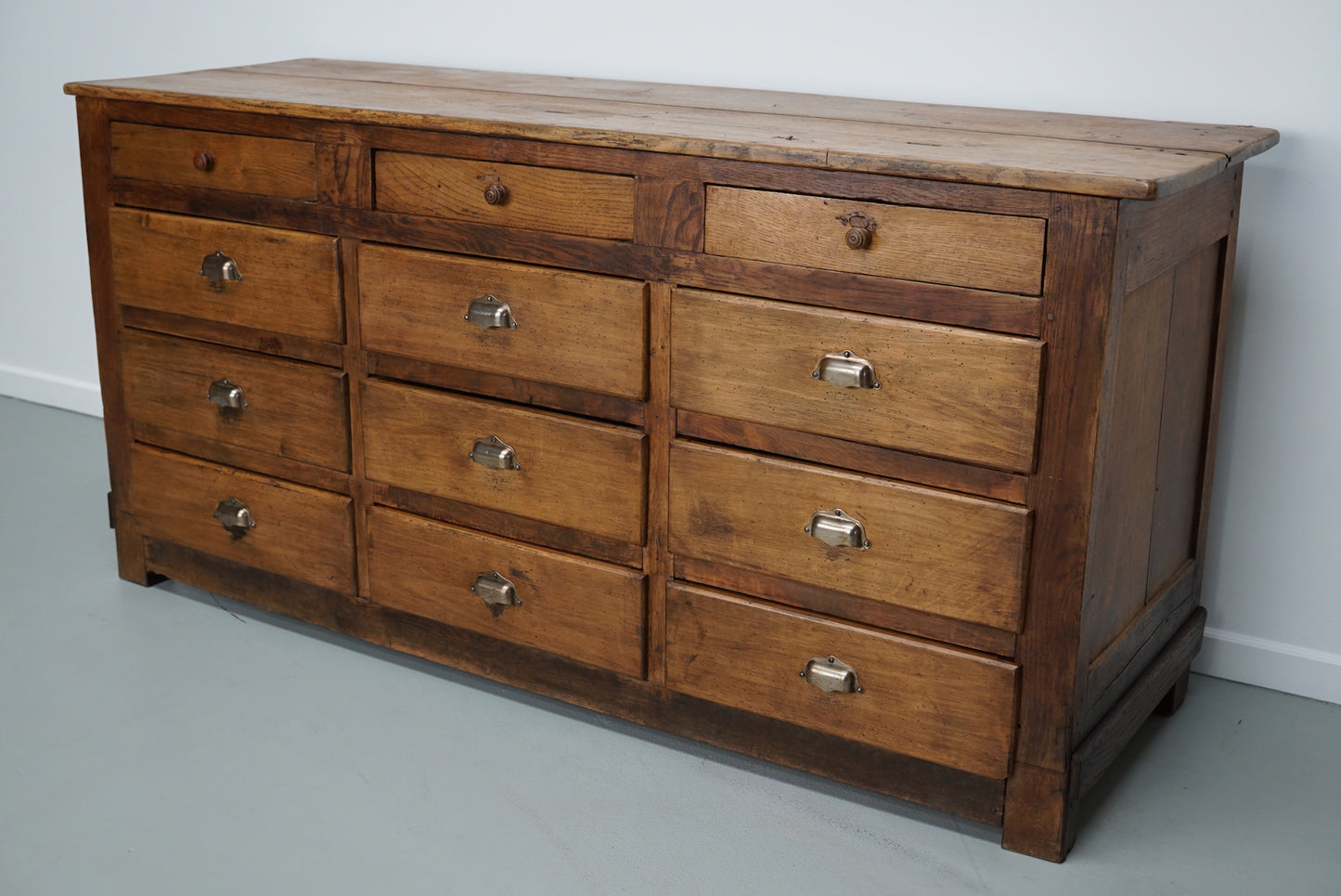 Antique French Oak and Beech Rustic Bank of Apothecary Drawers, Circa 1910