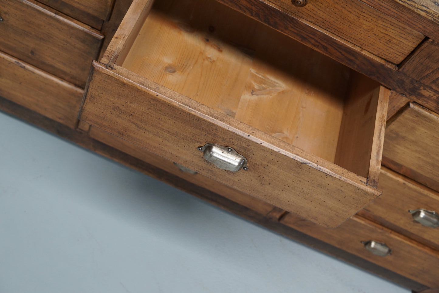 Antique French Oak and Beech Rustic Bank of Apothecary Drawers, Circa 1910