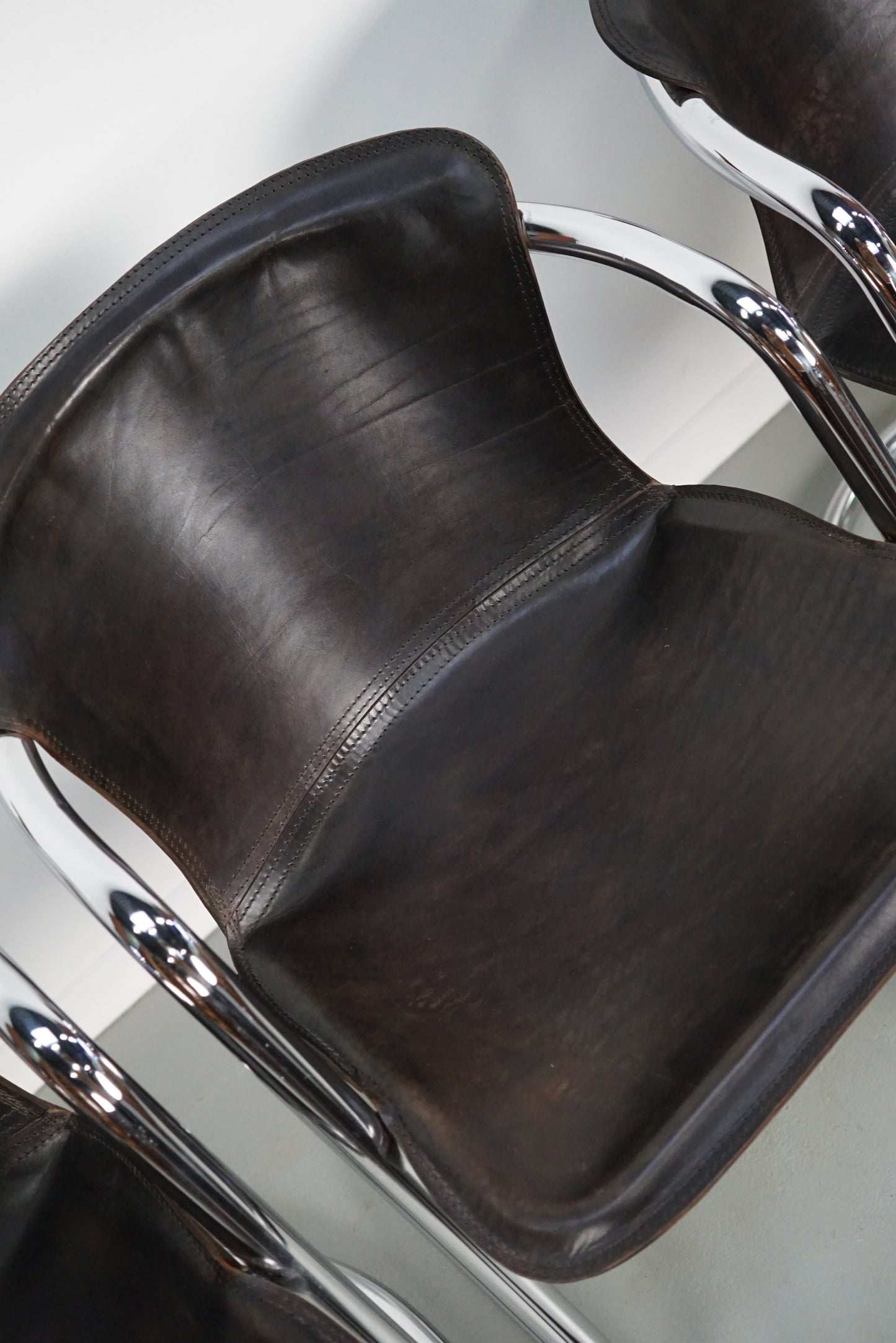 Set of Four Brown Leather Dining Chairs, Willy Rizzo, 1970s