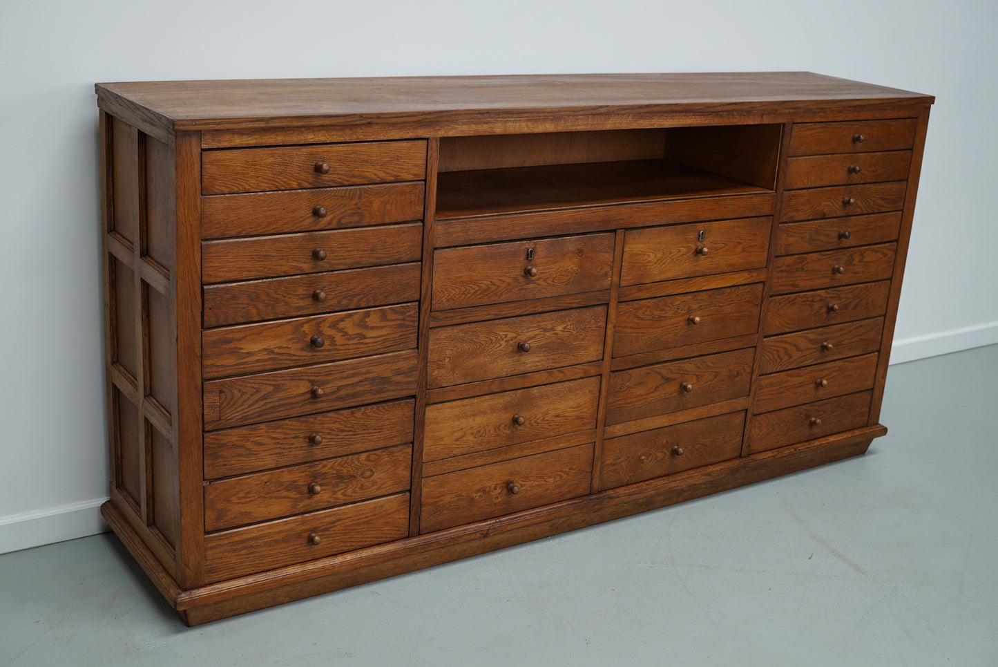 Dutch Industrial Oak Apothecary / School Cabinet, Mid-20th Century