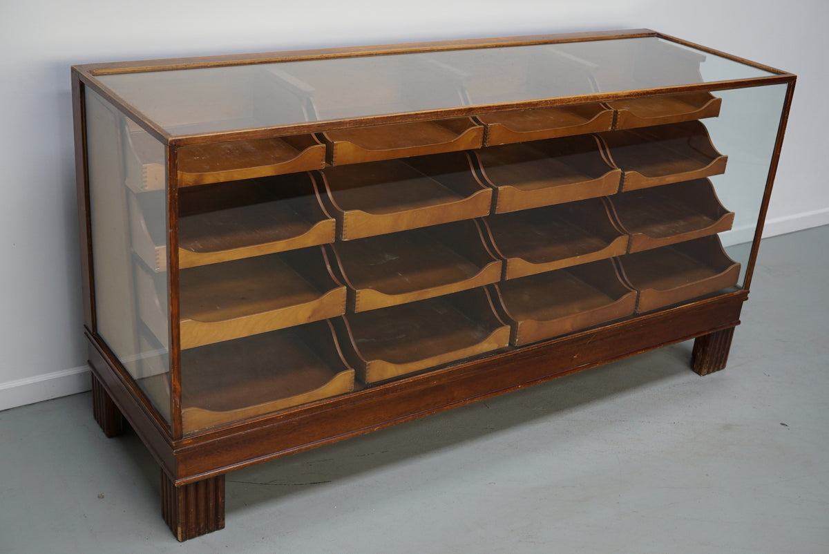 Antique English Beech Glass Shop Counter Cabinet / Vitrine, circa 1920-1930s