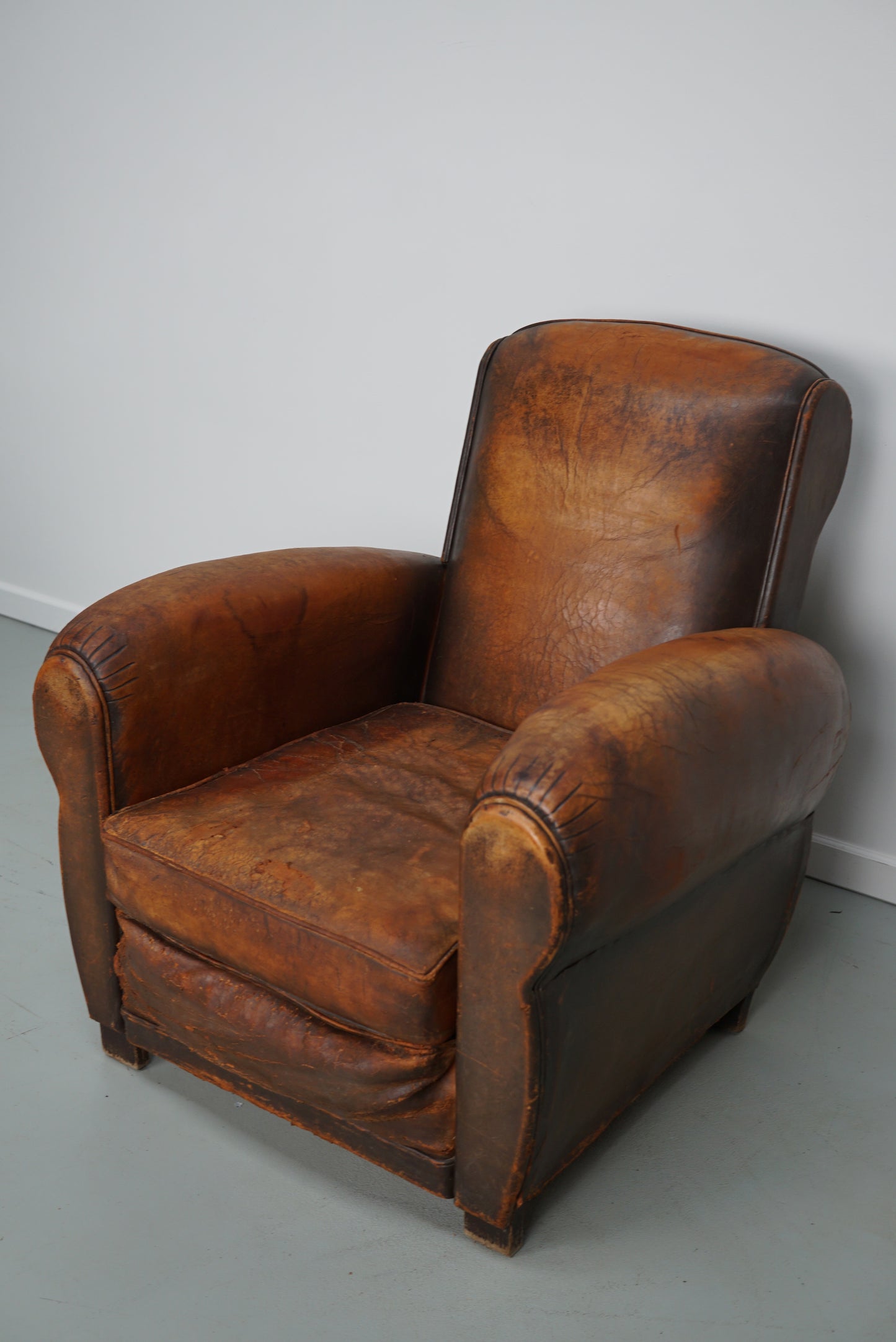 Vintage French Elephant Back Cognac-Colored Leather Club Chair, 1940s