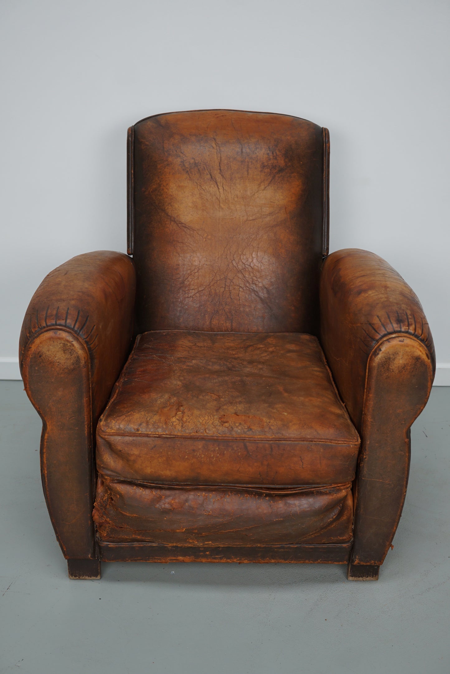 Vintage French Elephant Back Cognac-Colored Leather Club Chair, 1940s