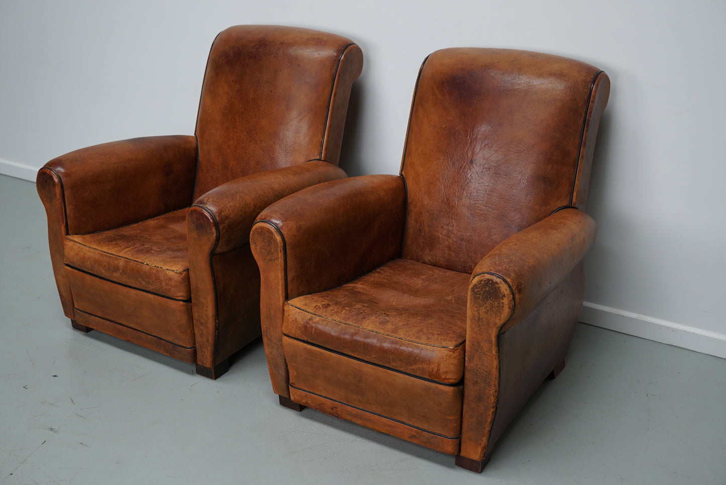 Pair of Vintage French Cognac Leather Club Chairs, Set of 2