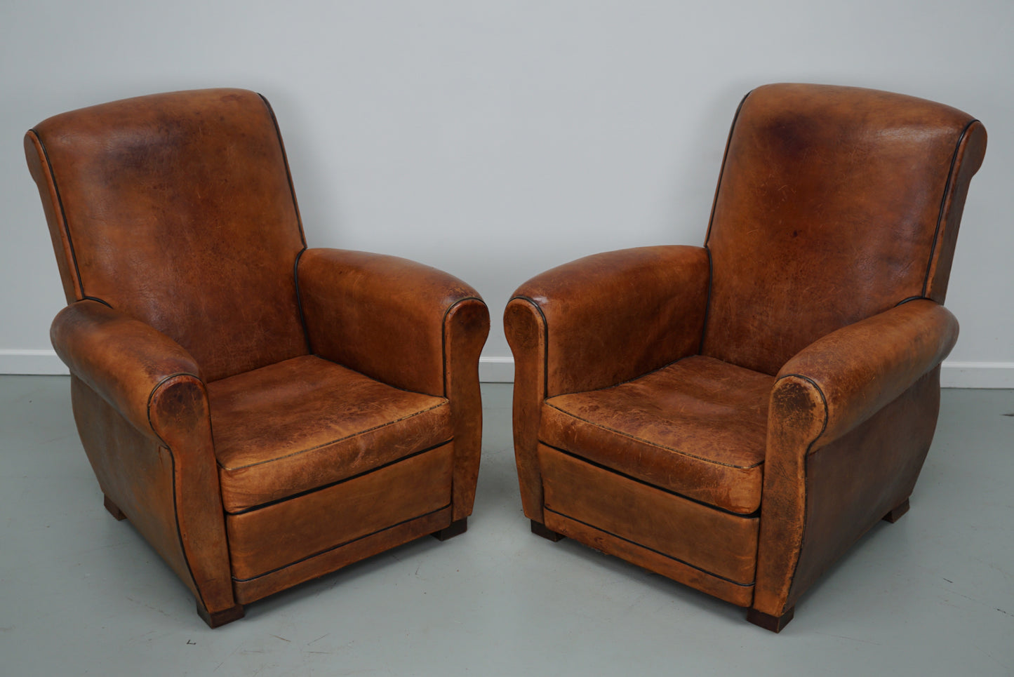 Pair of Vintage French Cognac Leather Club Chairs, Set of 2