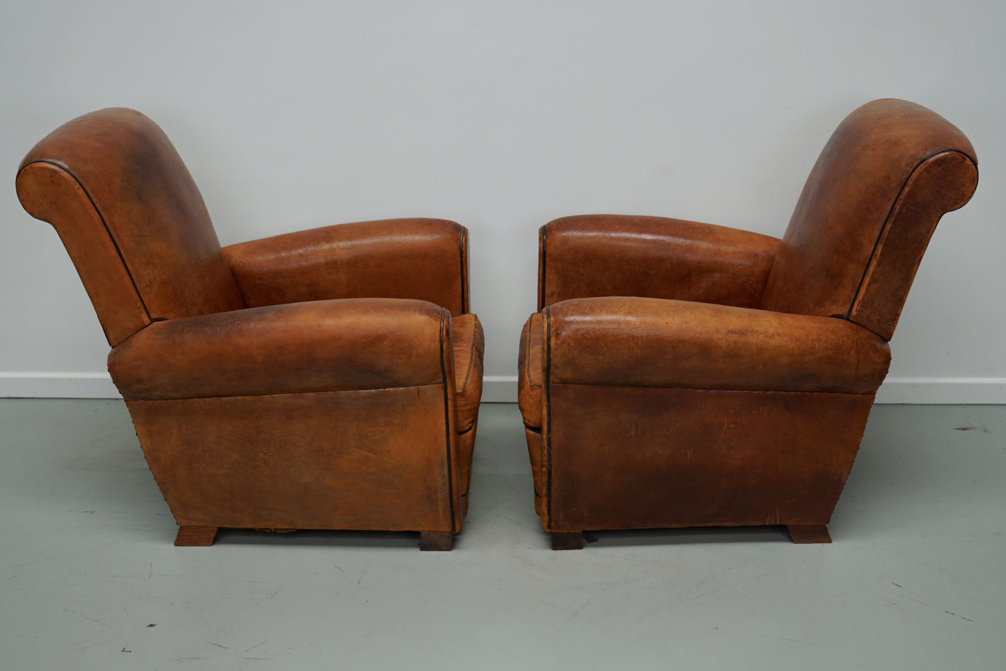 Pair of Vintage French Cognac Leather Club Chairs, Set of 2