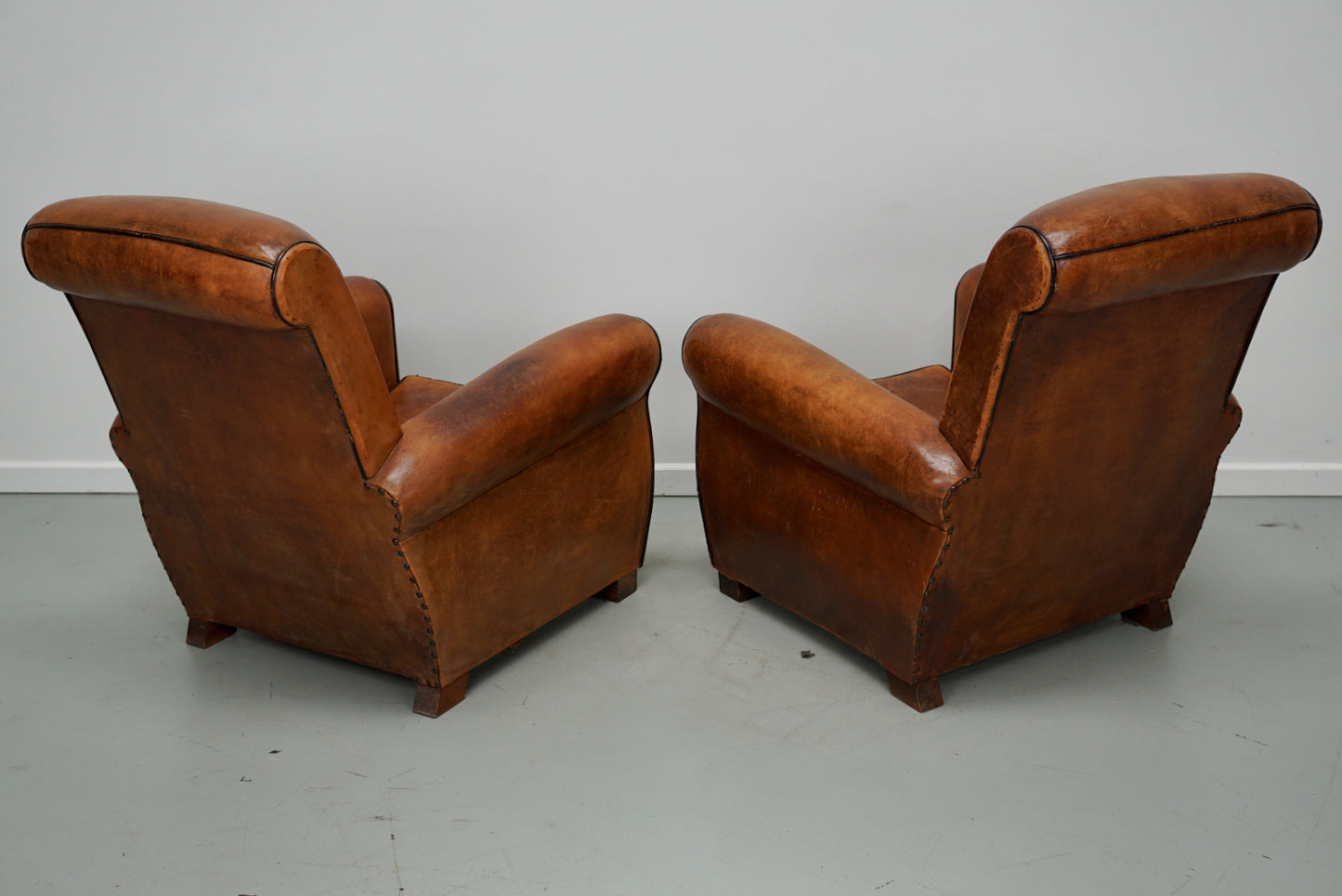 Pair of Vintage French Cognac Leather Club Chairs, Set of 2