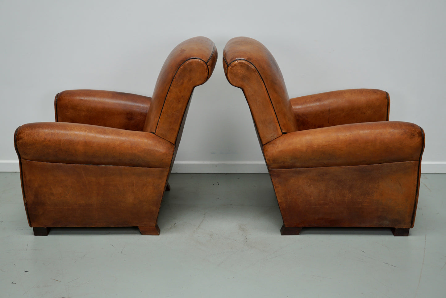 Pair of Vintage French Cognac Leather Club Chairs, Set of 2