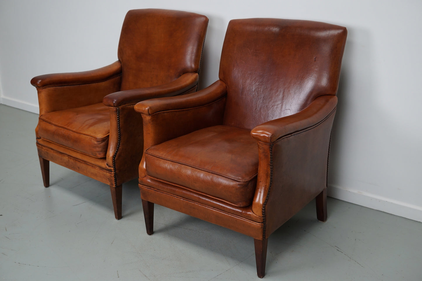 Vintage Dutch Cognac Colored Leather Club Chair, Set of 2