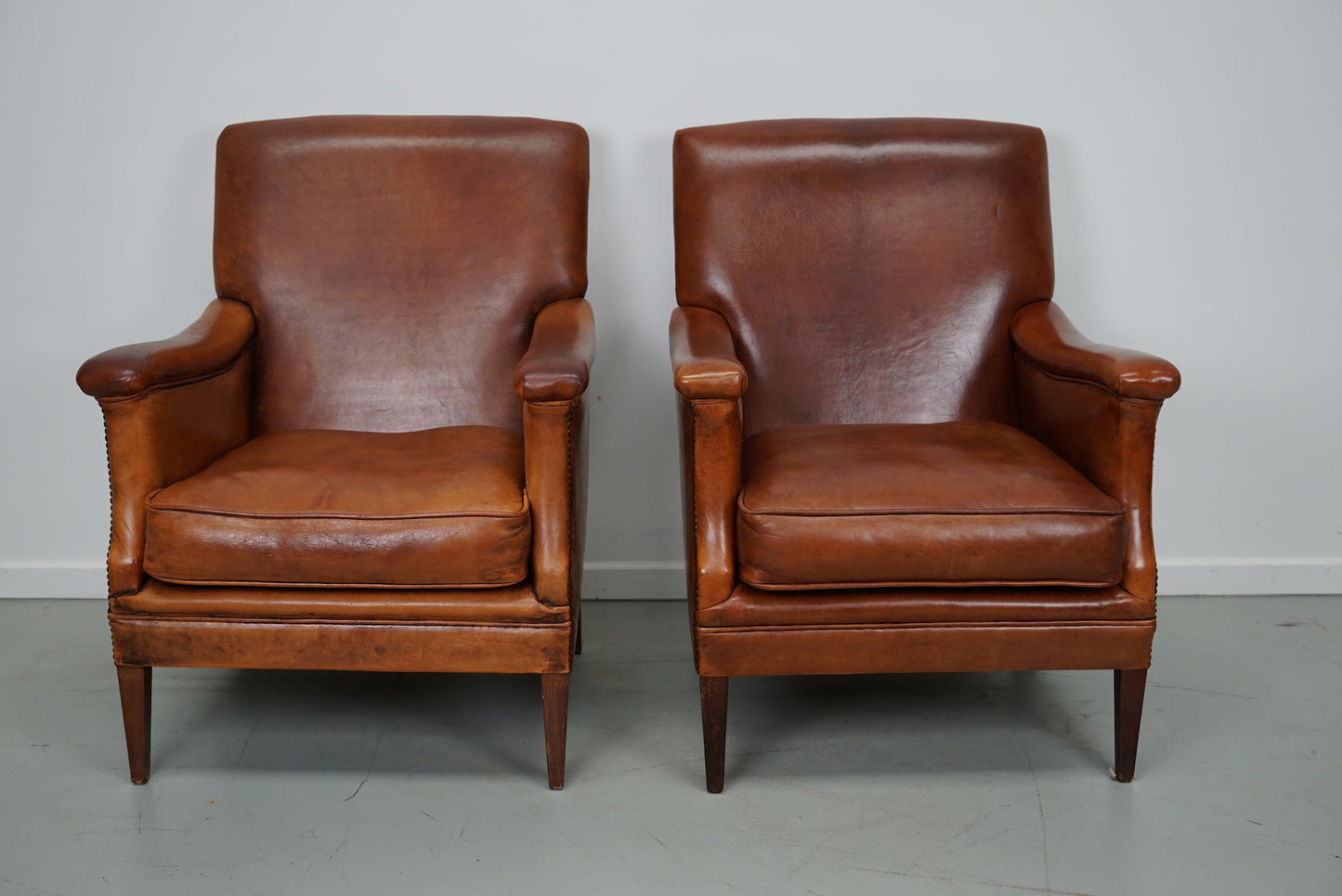 Vintage Dutch Cognac Colored Leather Club Chair, Set of 2