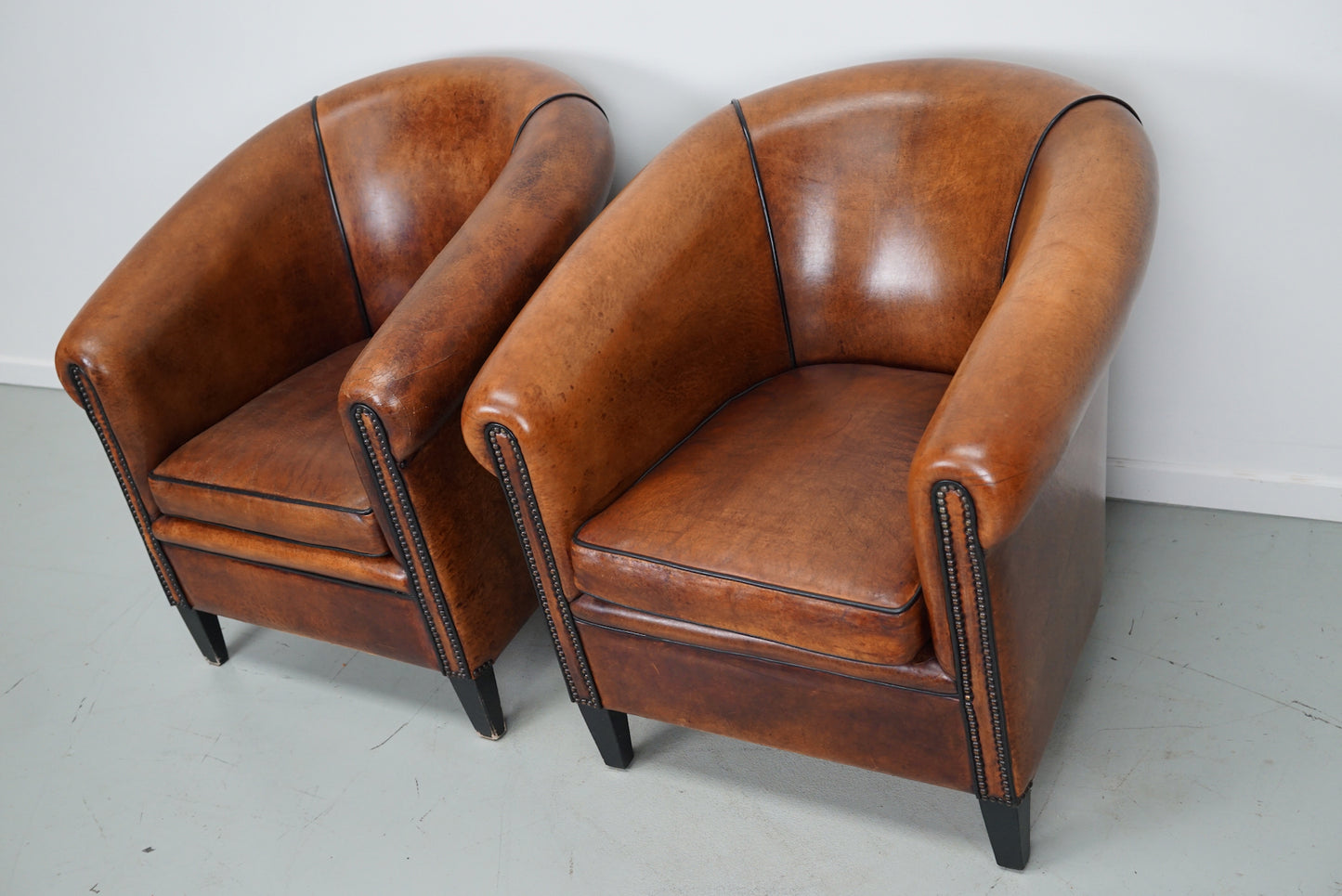 Vintage Dutch Cognac Colored Leather Club Chair, Set of 2