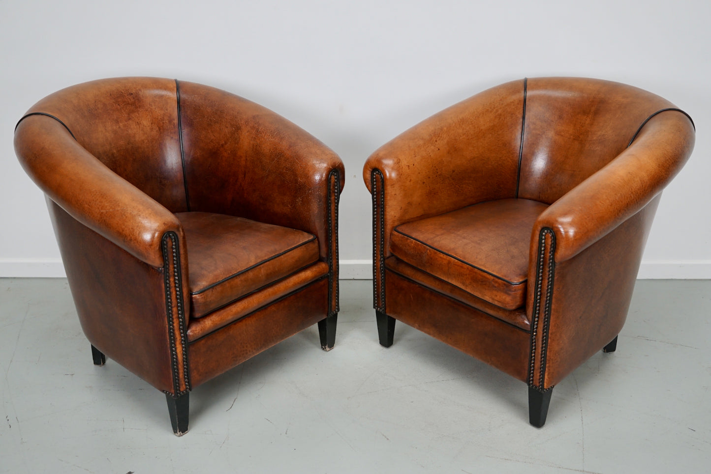 Vintage Dutch Cognac Colored Leather Club Chair, Set of 2