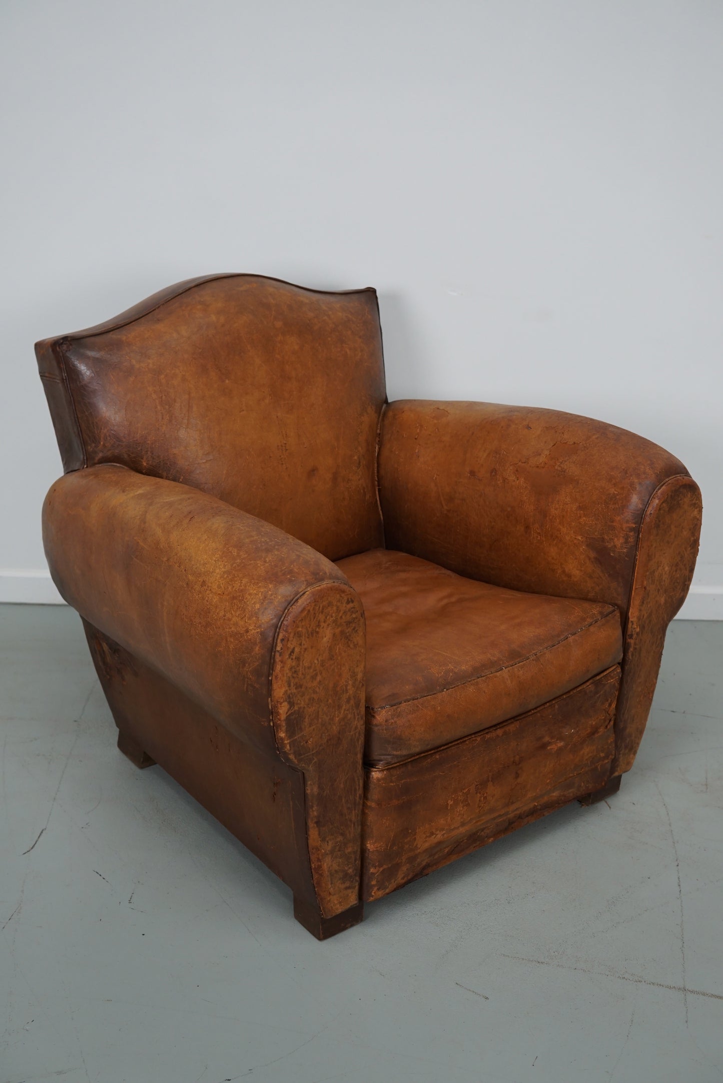 Vintage French Moustache Back Cognac-Colored Leather Club Chair, 1940s