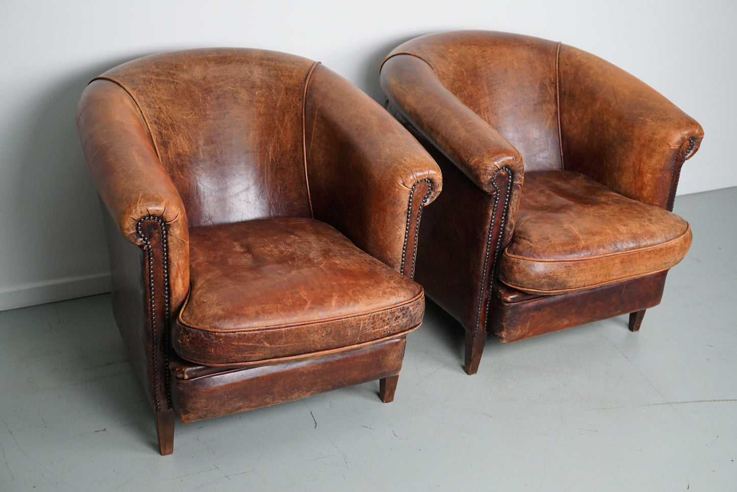 Vintage Dutch Cognac Colored Leather Club Chair, Set of 2