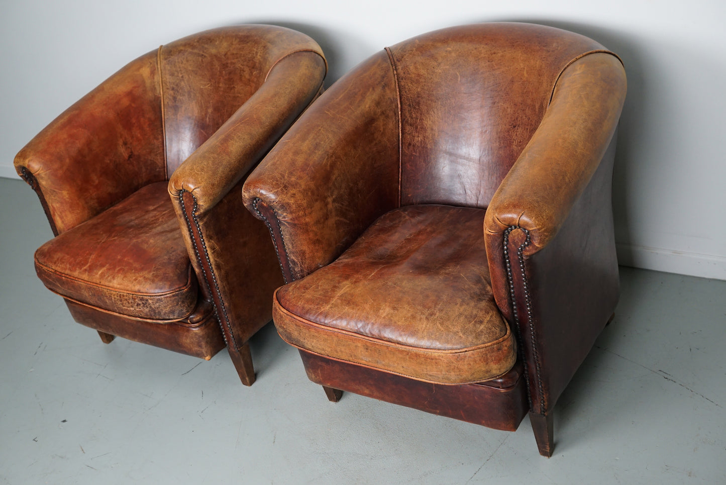 Vintage Dutch Cognac Colored Leather Club Chair, Set of 2