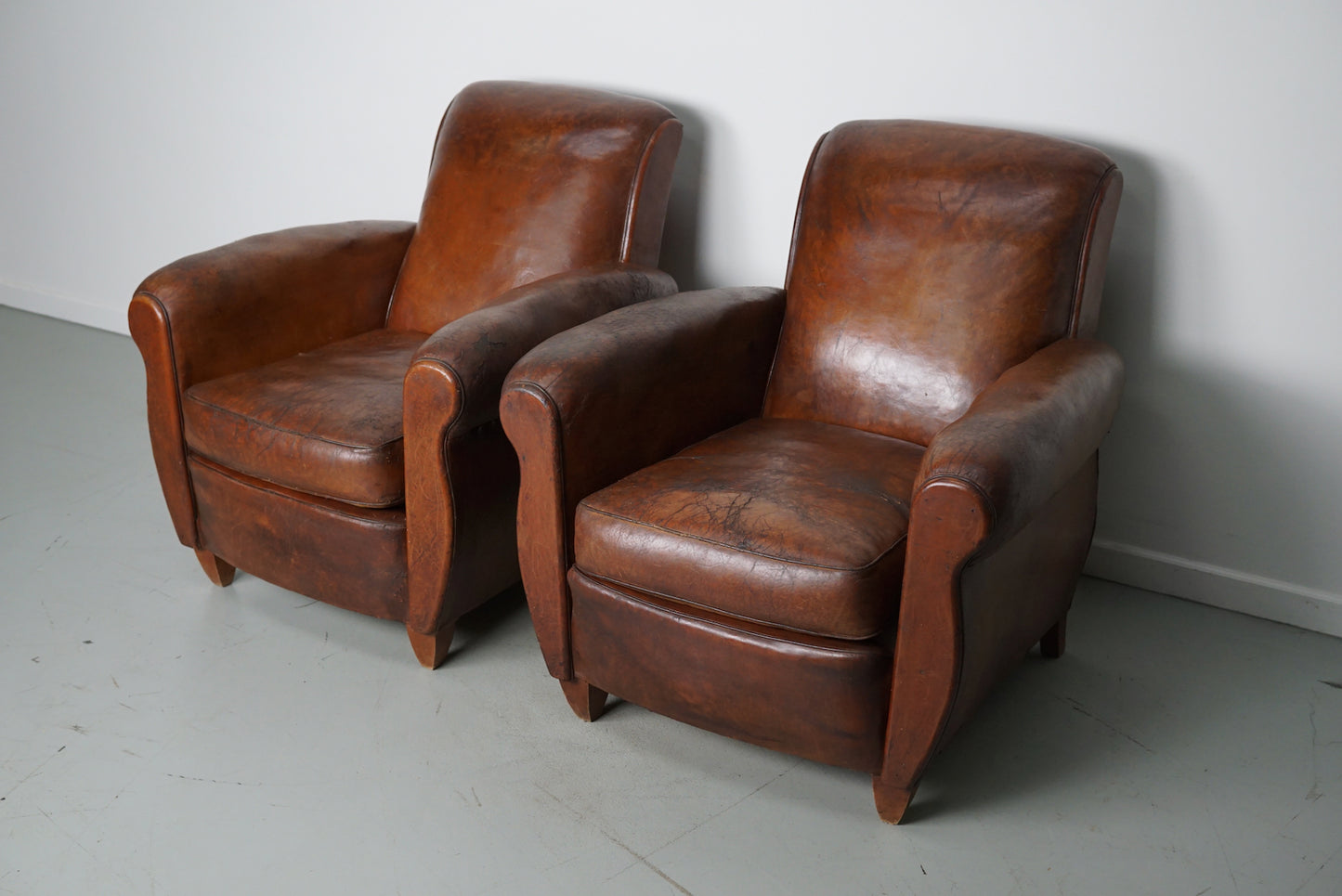 Pair of Vintage French Cognac Leather Club Chairs, Set of 2
