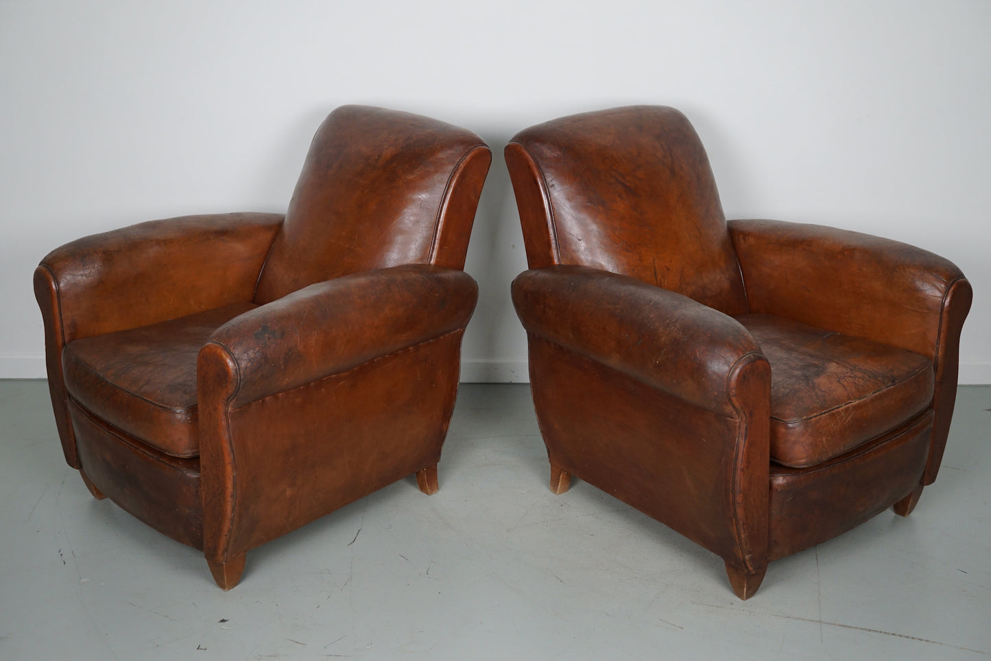 Pair of Vintage French Cognac Leather Club Chairs, Set of 2