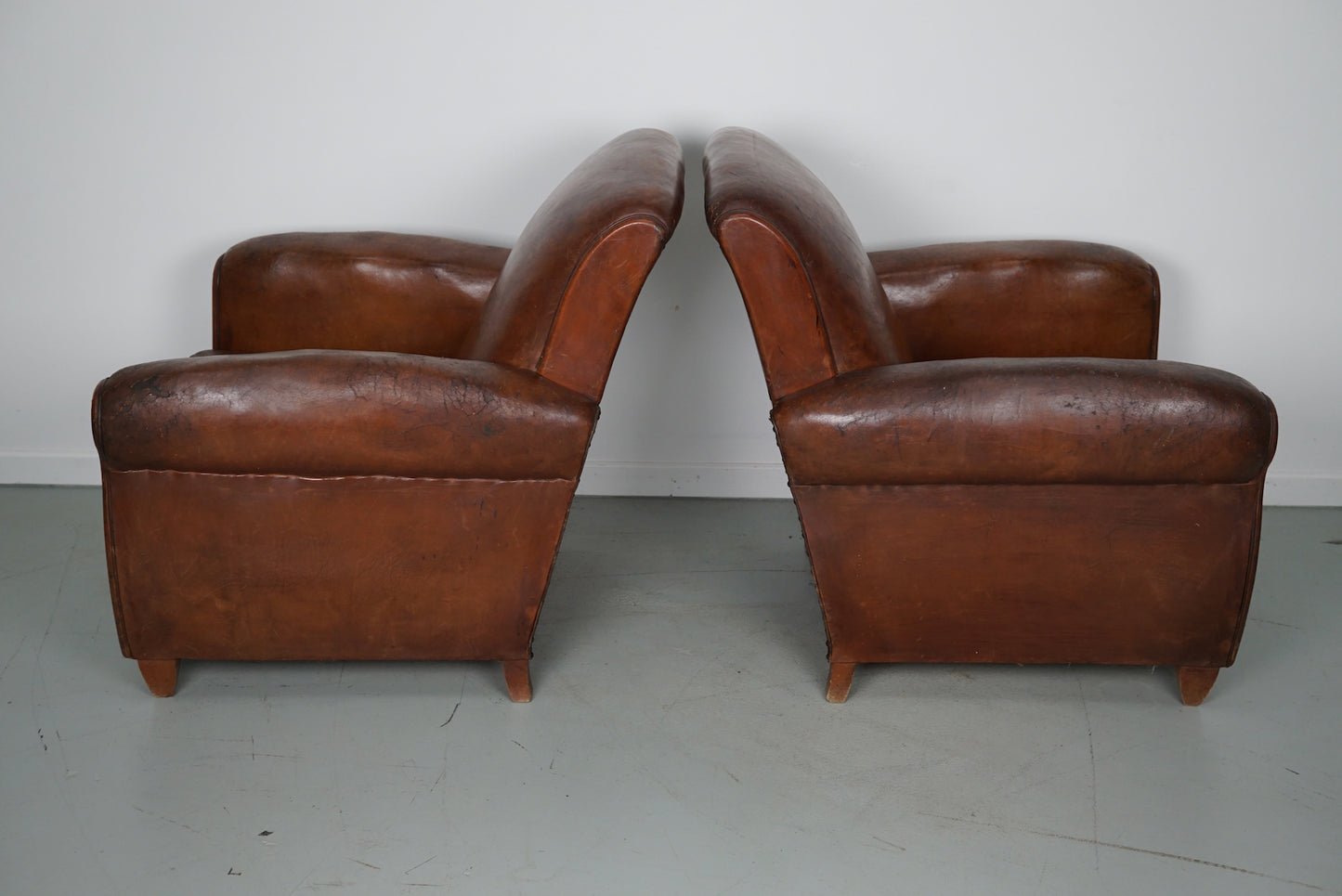 Pair of Vintage French Cognac Leather Club Chairs, Set of 2