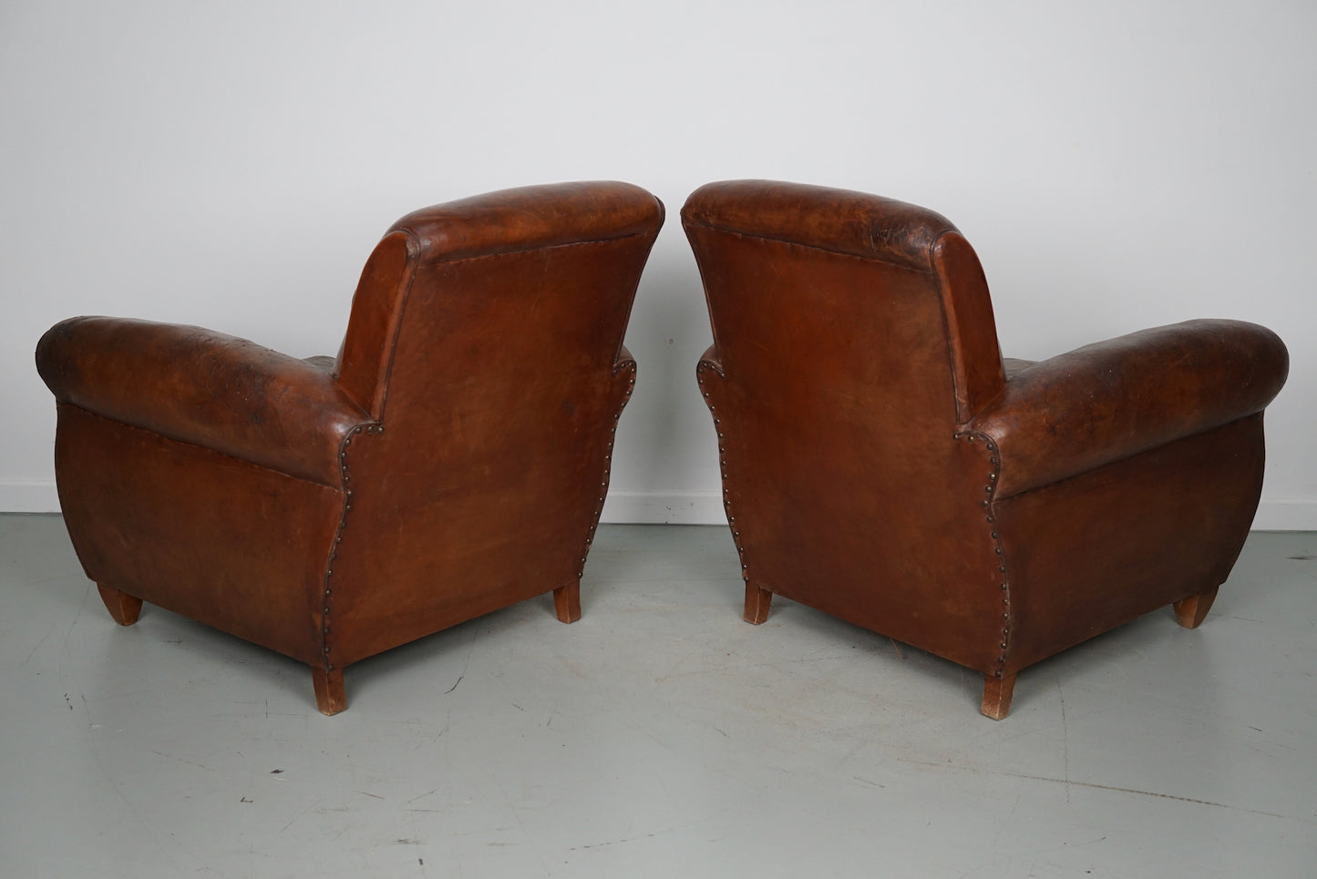 Pair of Vintage French Cognac Leather Club Chairs, Set of 2