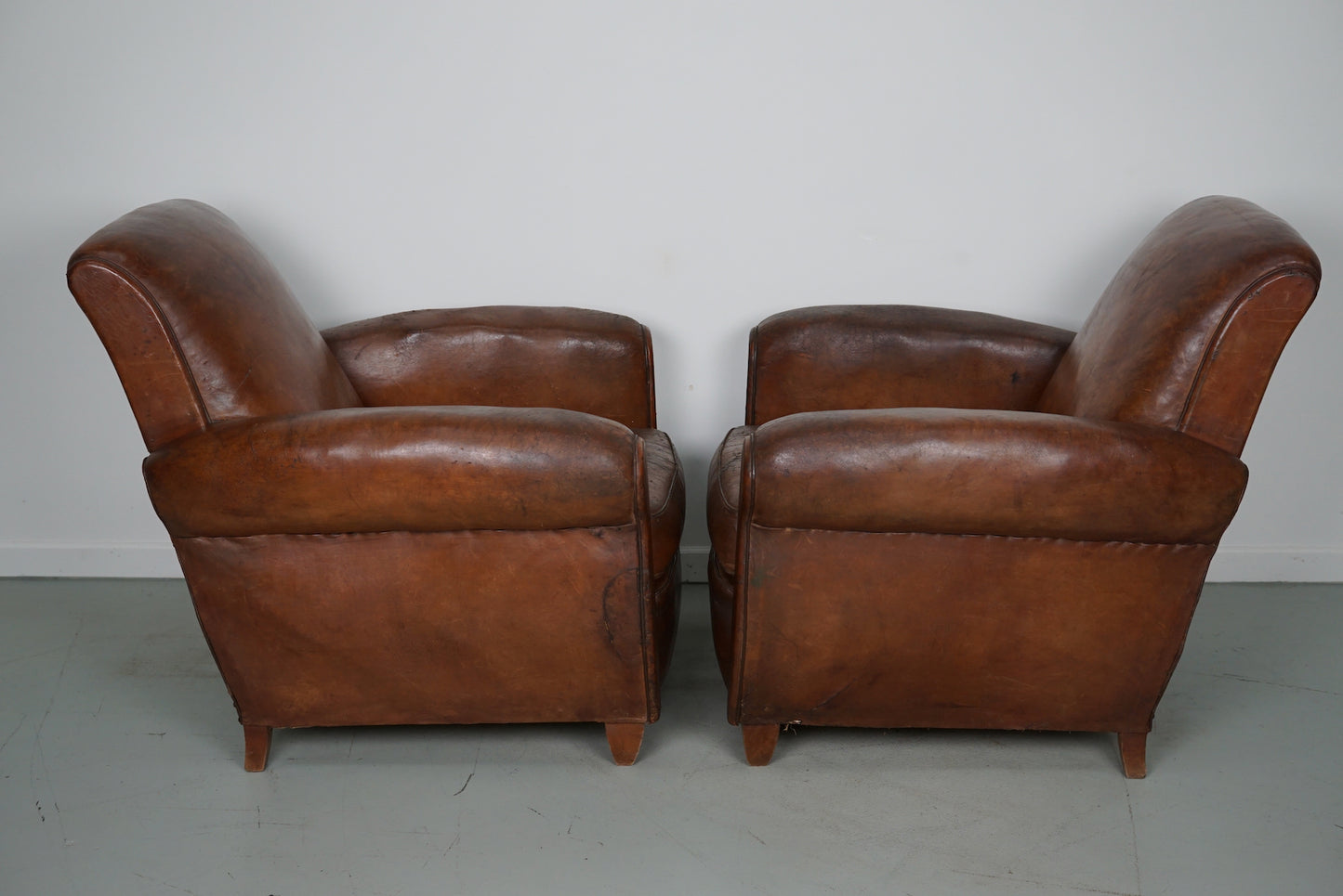 Pair of Vintage French Cognac Leather Club Chairs, Set of 2