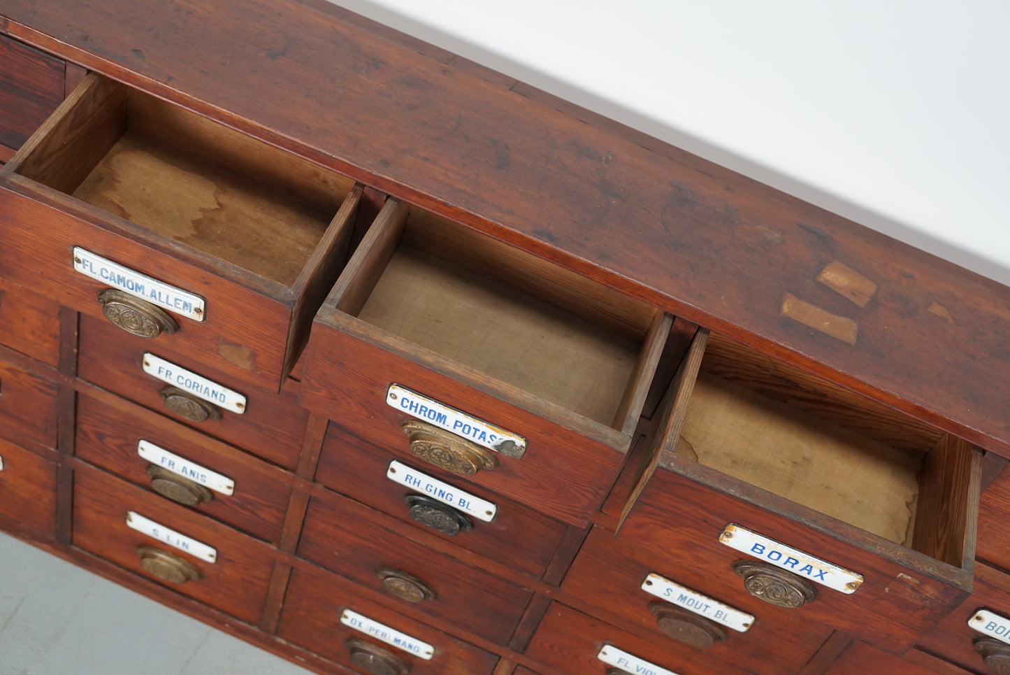 Large Antique Belgian Pitch Pine Apothecary Cabinet with Enamel Shields, 1900s