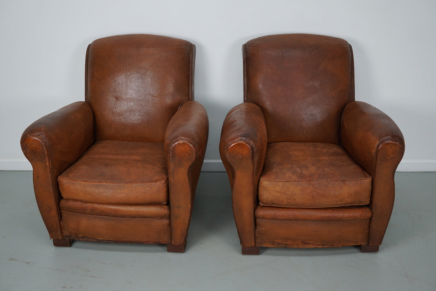 Pair of Vintage French Cognac Leather Club Chairs, Set of 2