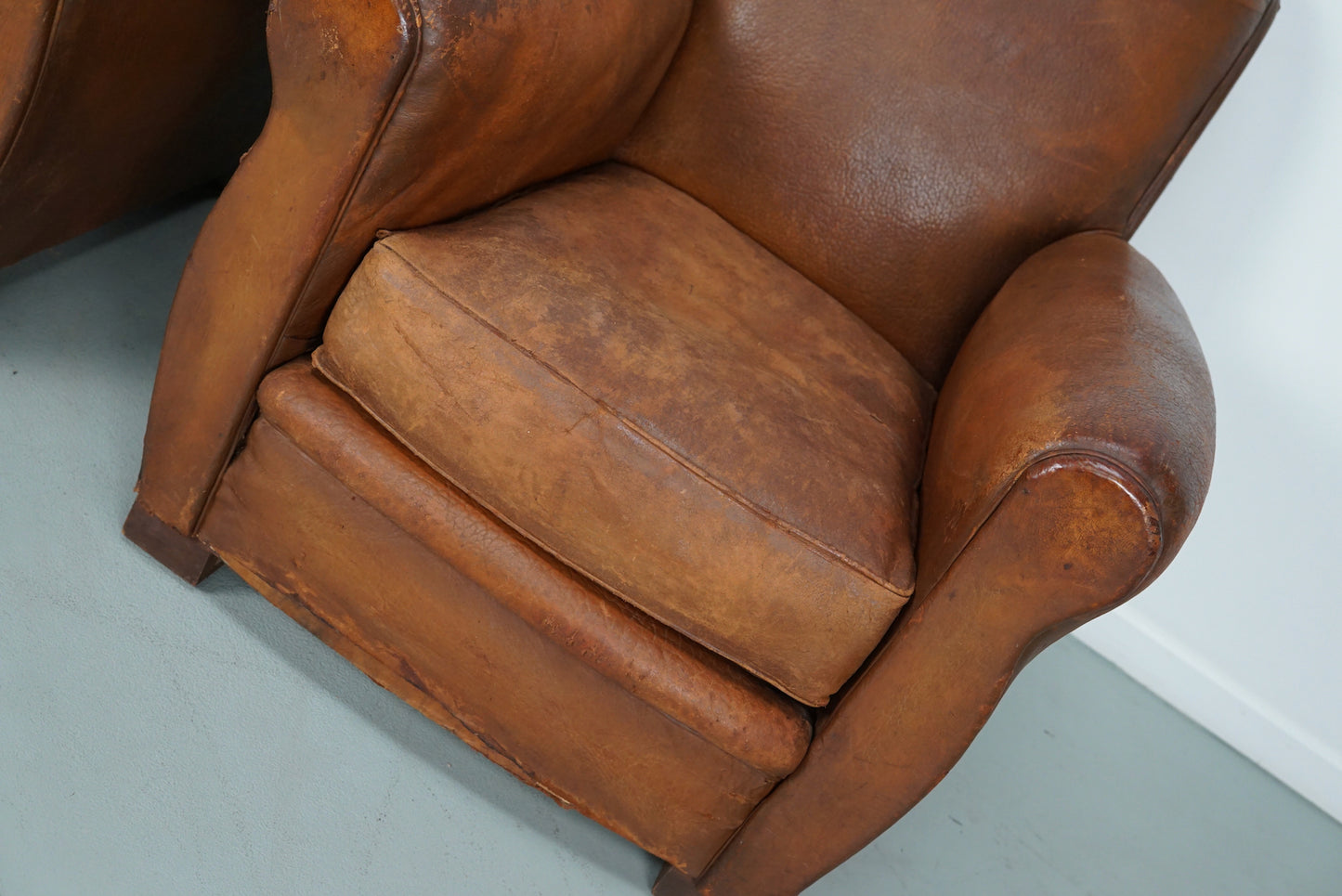 Pair of Vintage French Cognac Leather Club Chairs, Set of 2