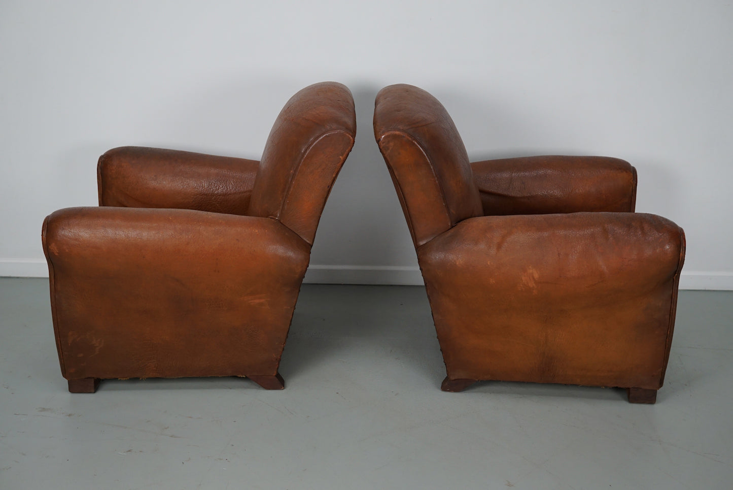 Pair of Vintage French Cognac Leather Club Chairs, Set of 2