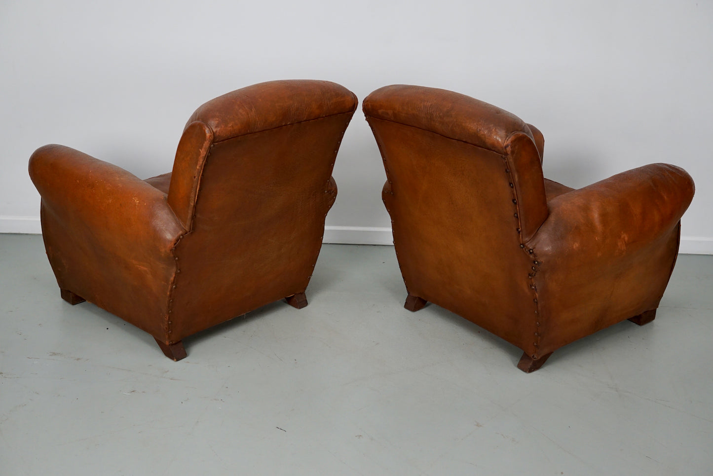 Pair of Vintage French Cognac Leather Club Chairs, Set of 2