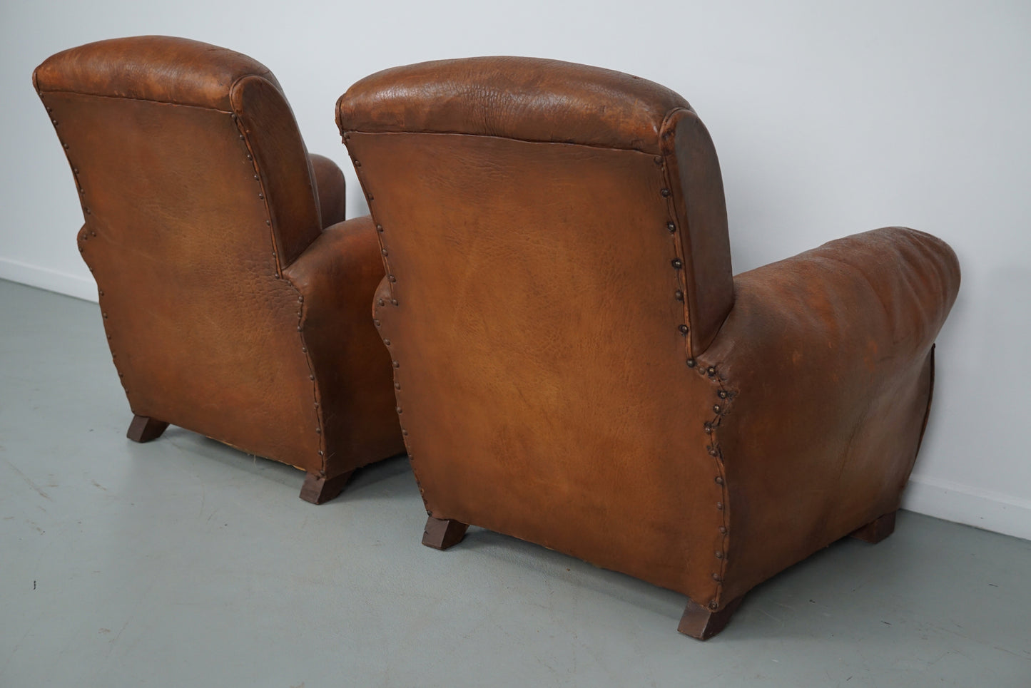 Pair of Vintage French Cognac Leather Club Chairs, Set of 2