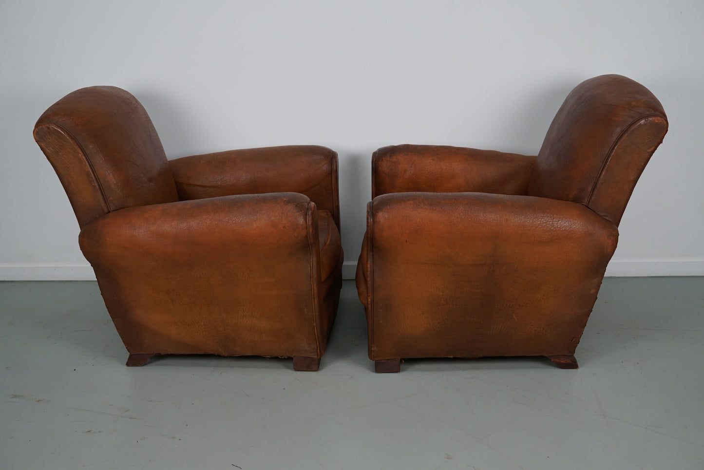 Pair of Vintage French Cognac Leather Club Chairs, Set of 2