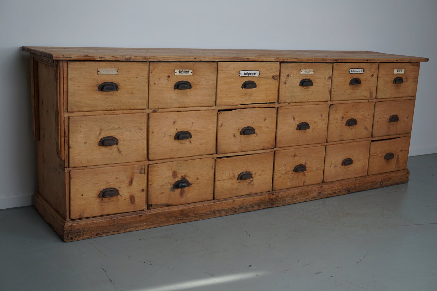 Antique Rustic Large German Pine Apothecary Cabinet / Shop Counter, 1900s