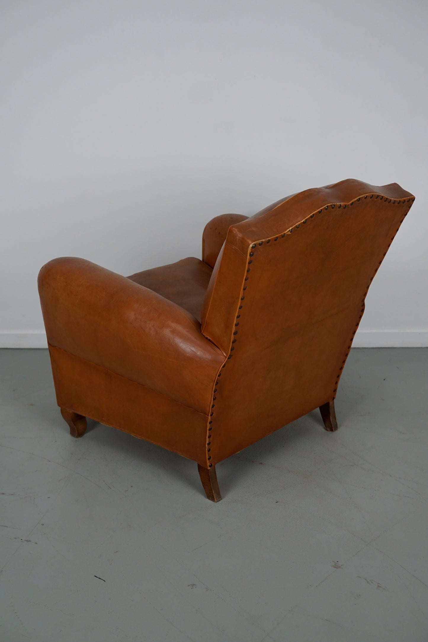 Vintage French Moustache Back Cognac-Colored Leather Club Chair, 1940s