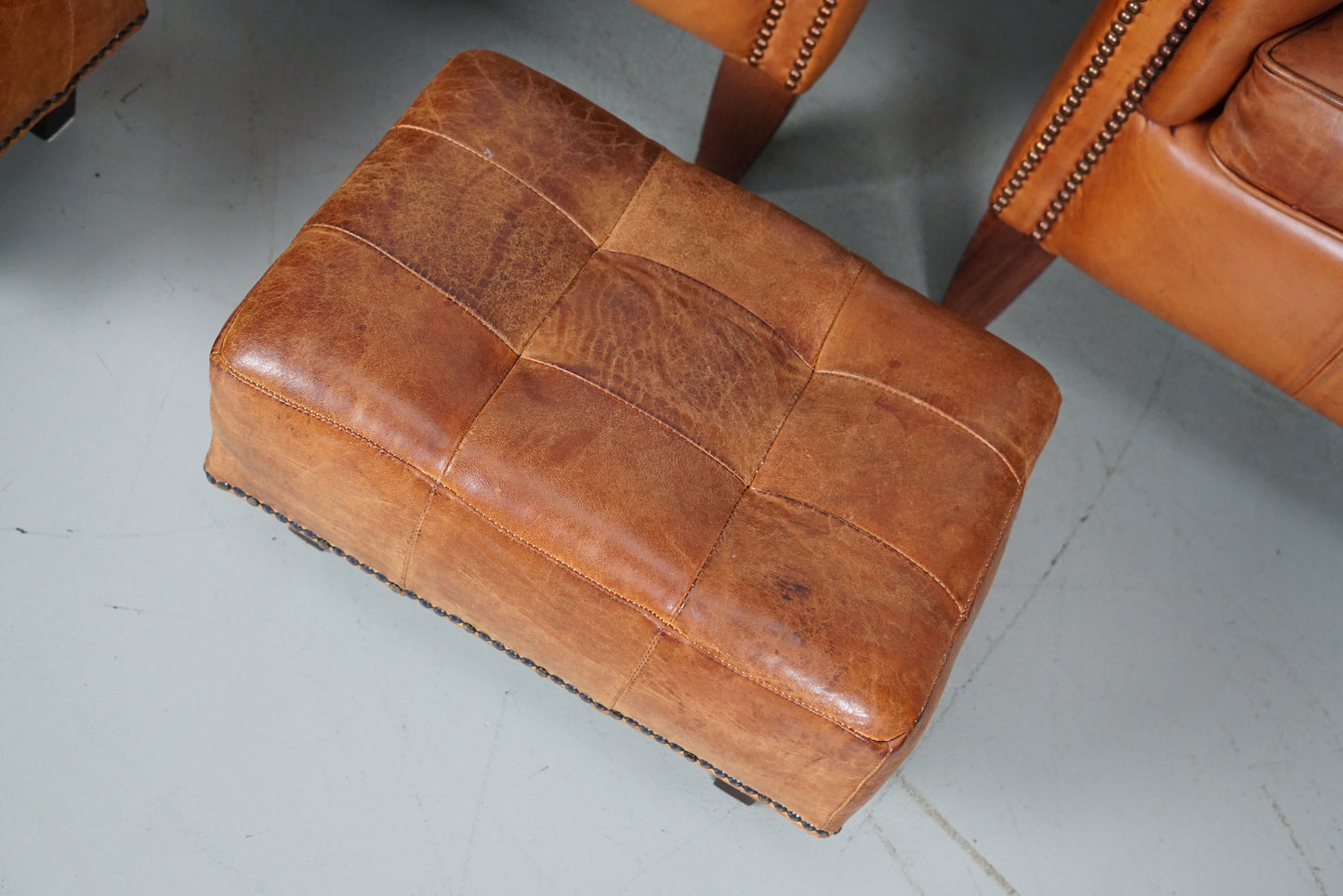 Vintage Dutch Cognac Leather Club Chairs, Set of Three with Two Footstools