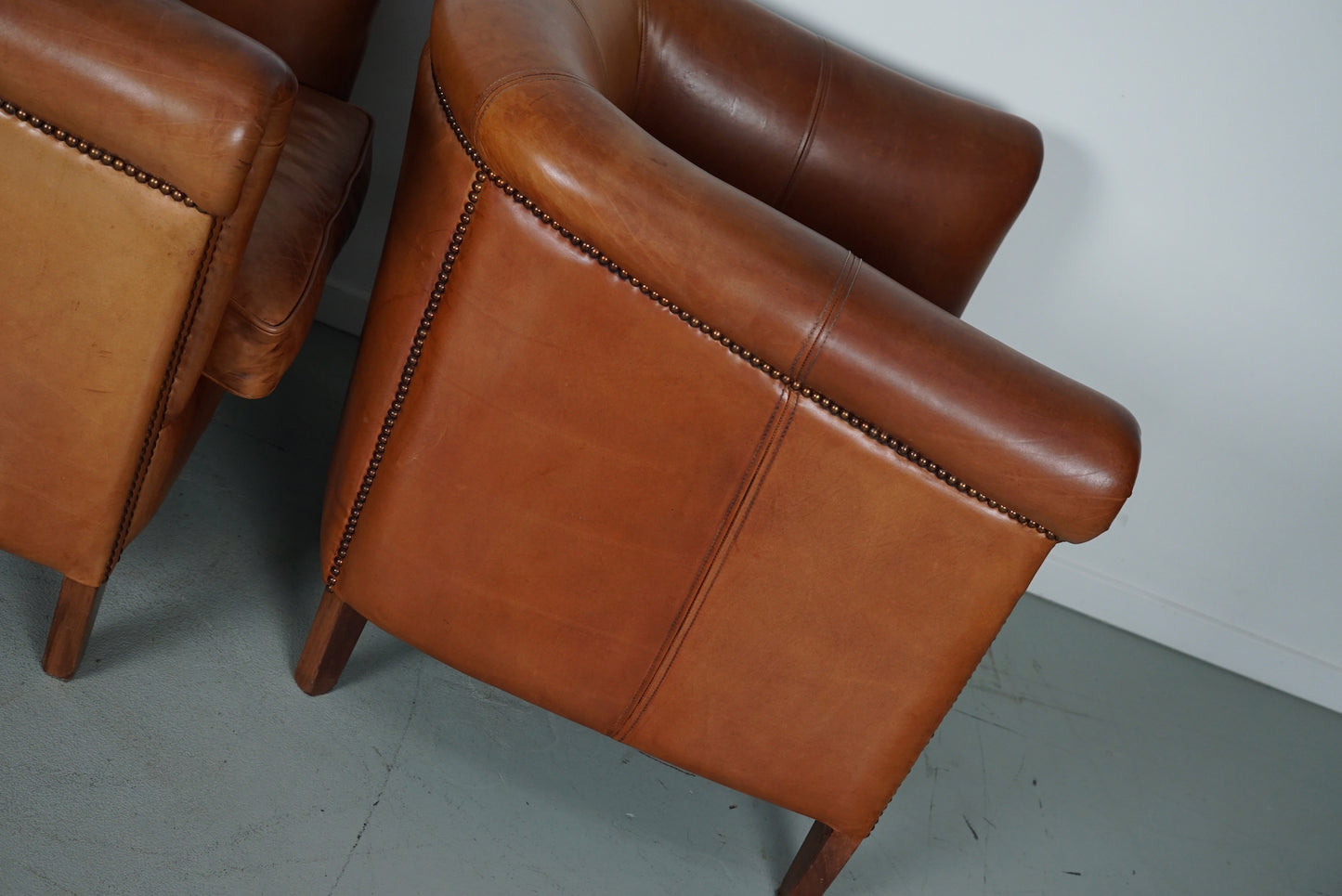 Vintage Dutch Cognac Leather Club Chairs, Set of Three with Two Footstools