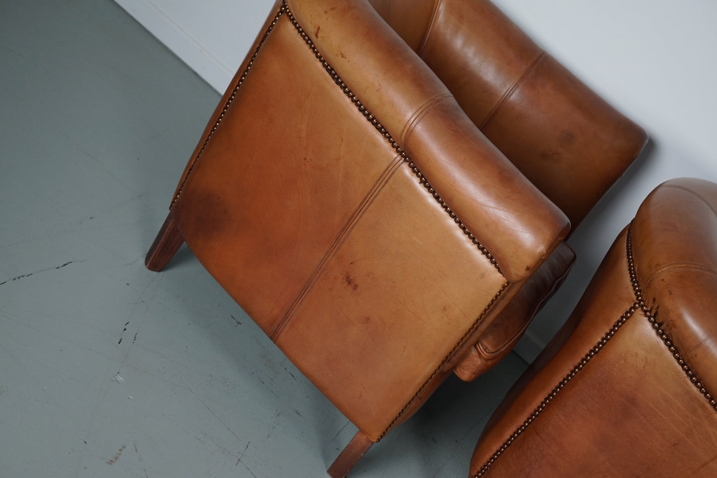 Vintage Dutch Cognac Leather Club Chairs, Set of Three with Two Footstools