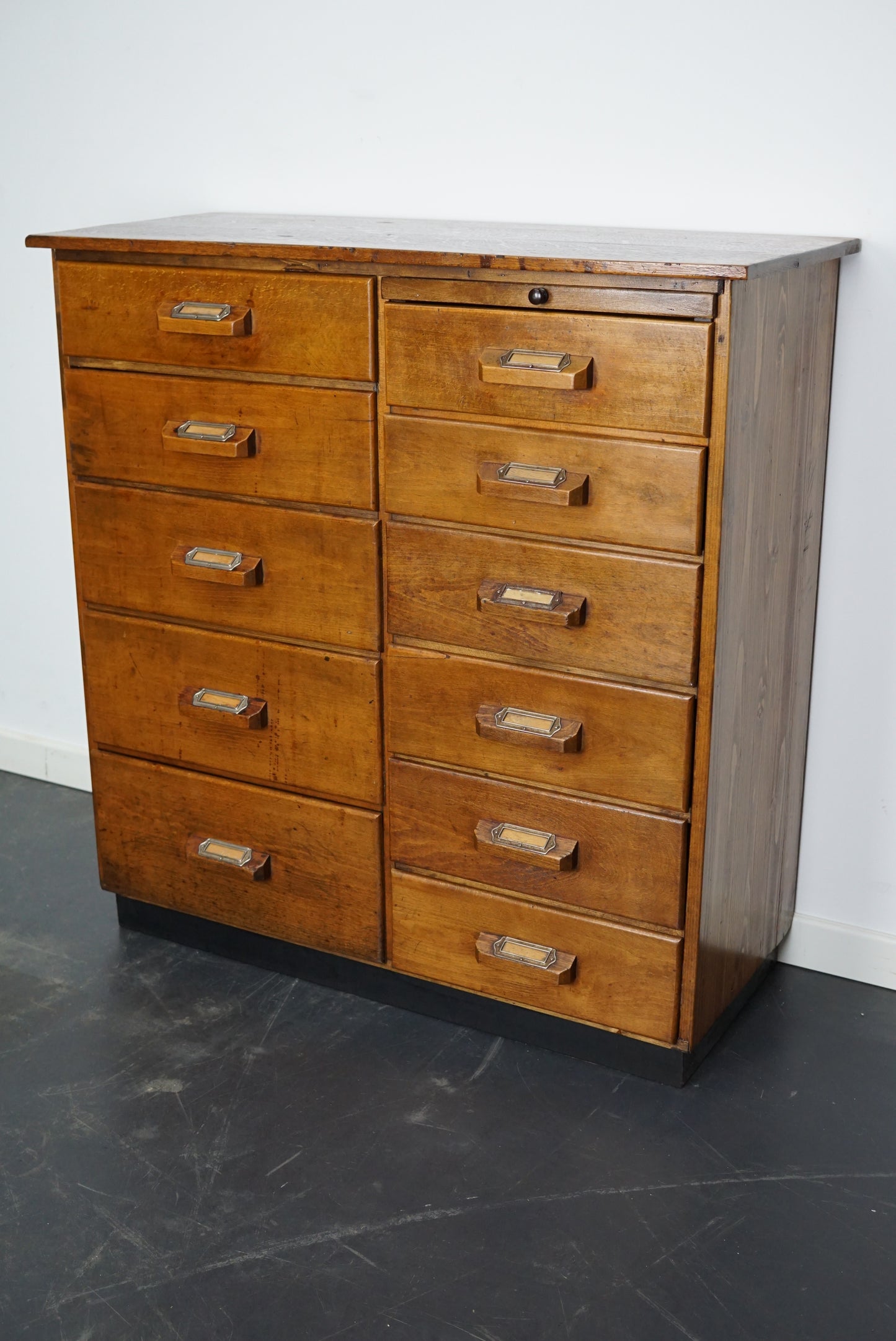 German Industrial Beech and Oak Apothecary Cabinet, Mid-20th Century