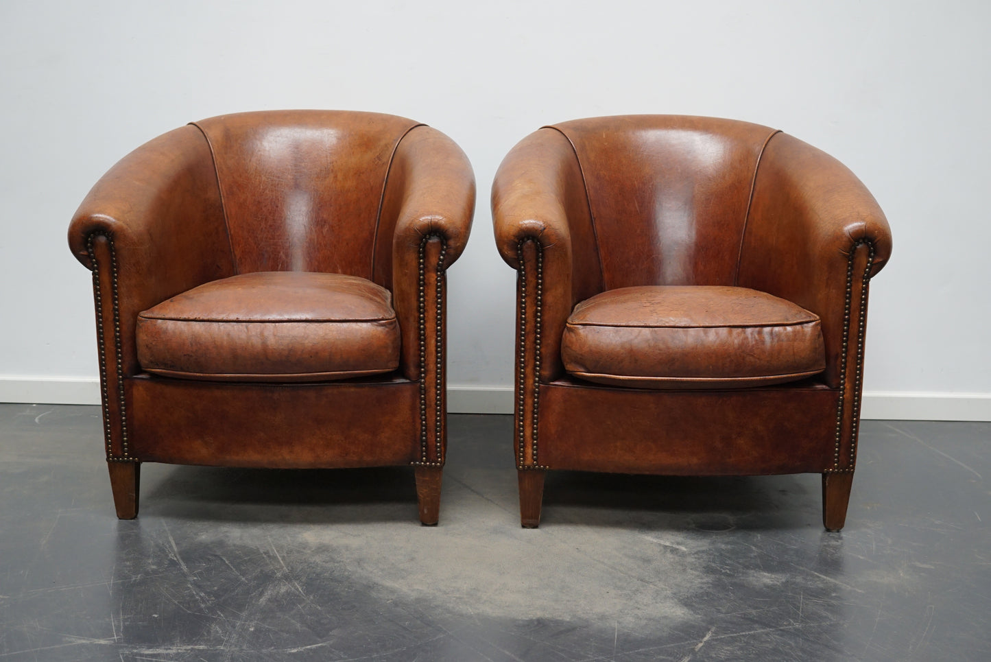 Vintage Dutch Cognac Colored Leather Club Chair, Set of 2