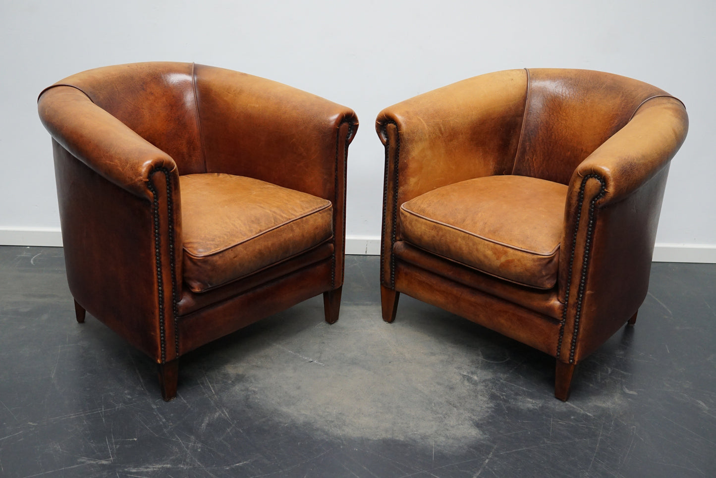 Vintage Dutch Cognac Colored Leather Club Chair, Set of 2