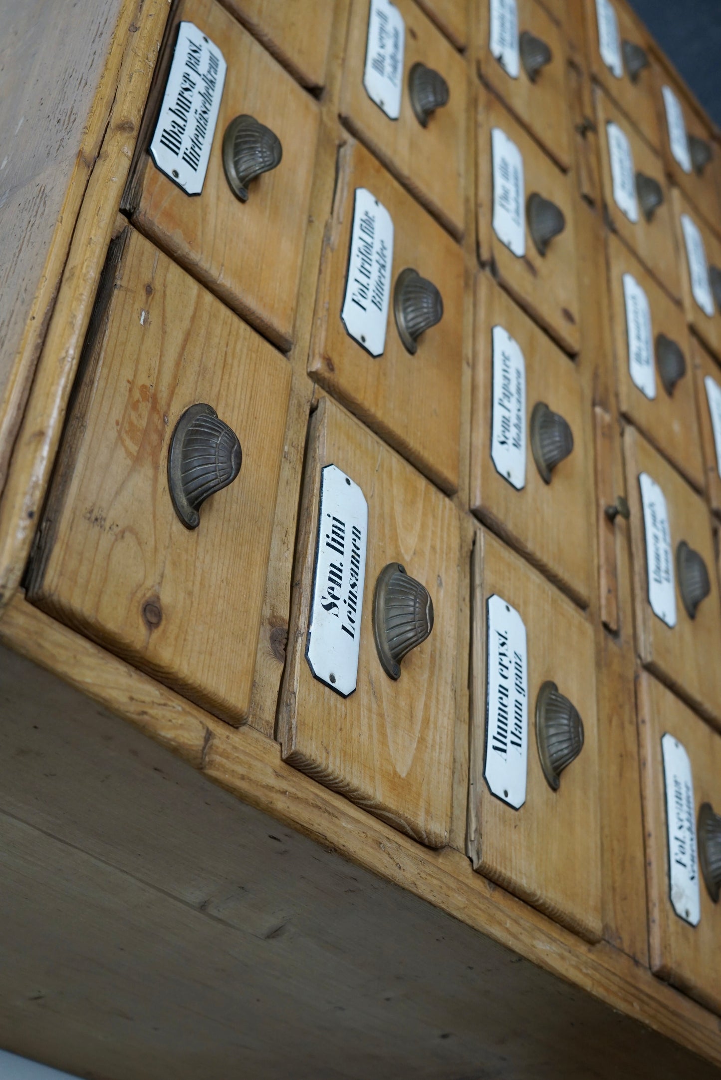 Antique German Pine Apothecary Cabinet with Enamel Shields, 1900s