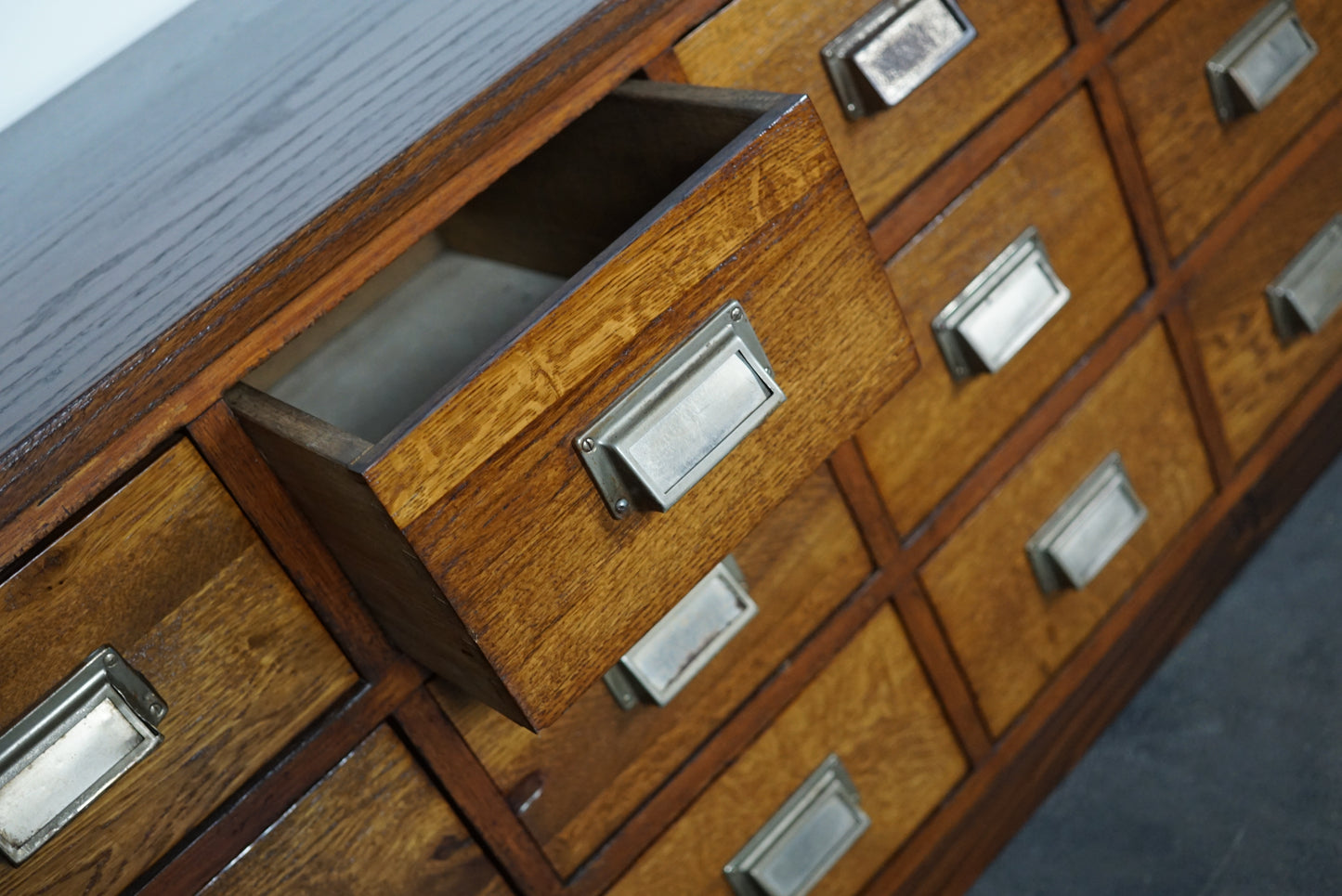 German Industrial Oak Apothecary Cabinet / Lowboard, Mid-20th Century
