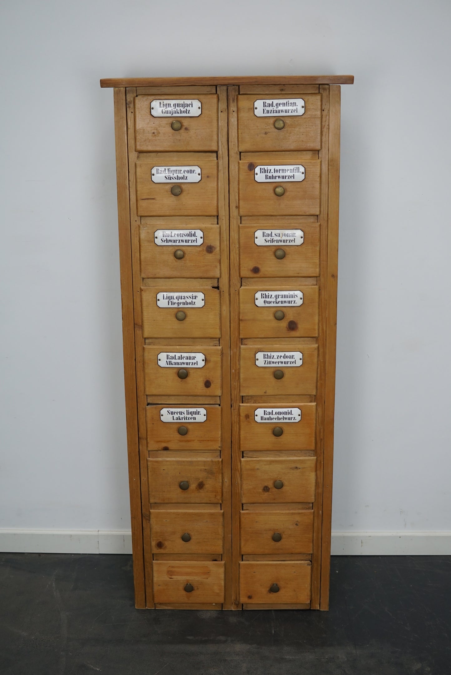 Antique German Pine Apothecary Cabinet with Enamel Shields, 1900s