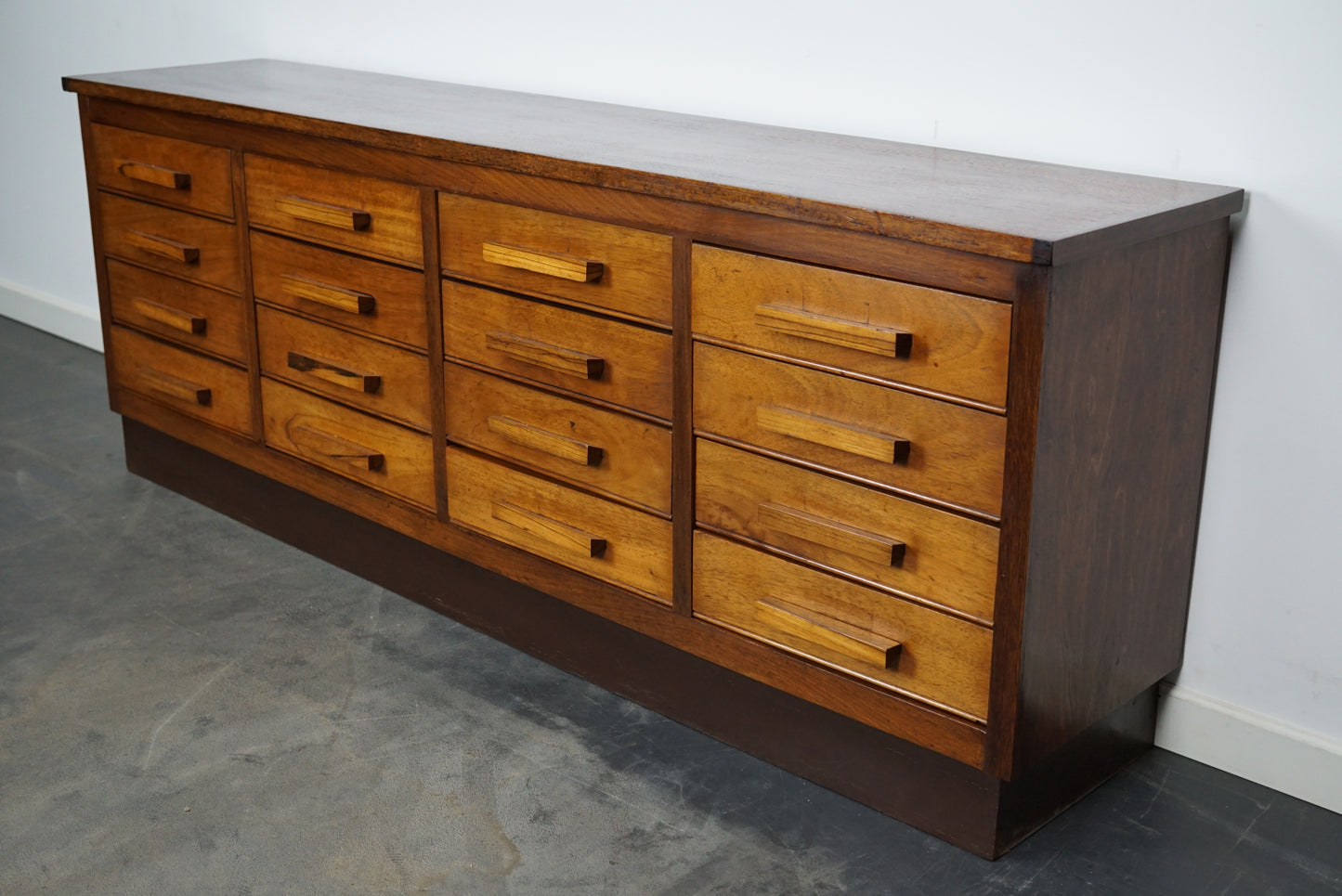 German Industrial Walnut Apothecary Cabinet / Lowboard, Mid-20th Century