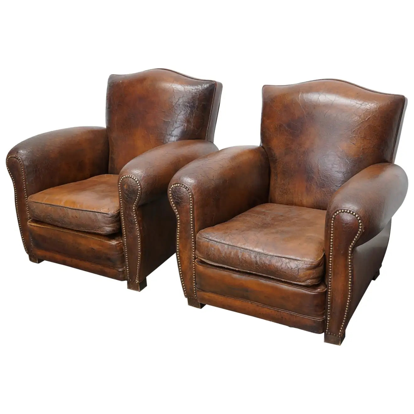 Pair of French Cognac Moustache Back Leather Club Chairs, 1940s