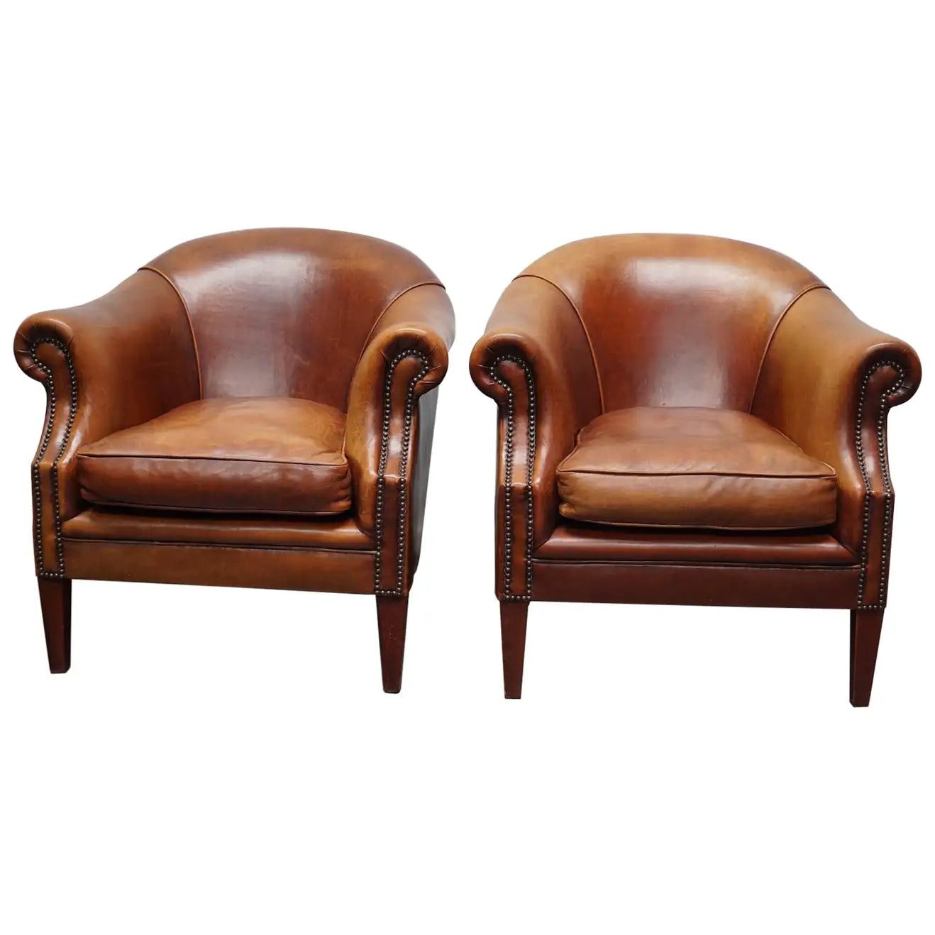 Vintage Dutch Cognac Colored Leather Club Chair, Set of 2