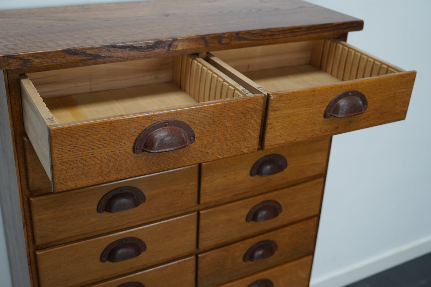 German Industrial Oak Apothecary Cabinet, Mid-20th Century