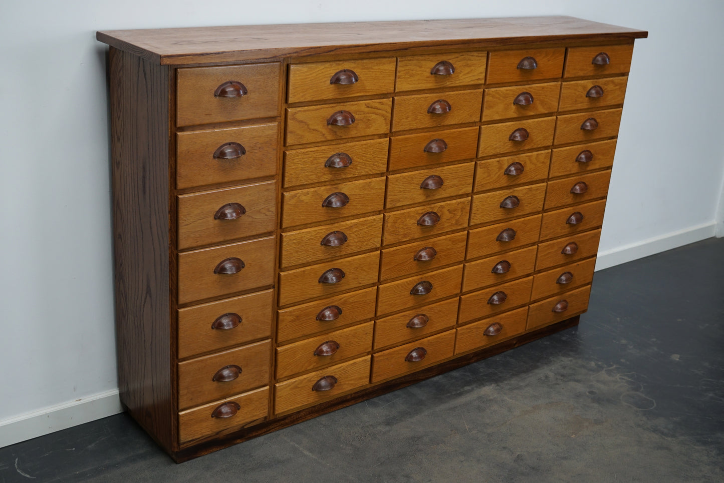 German Industrial Oak Apothecary Cabinet, Mid-20th Century